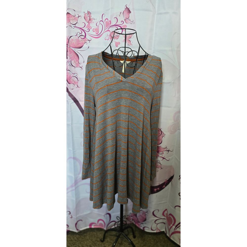 Matilda Jane Medium V Neck Oversized Gray Long Sleeve Tunic W Orange Stripes‎